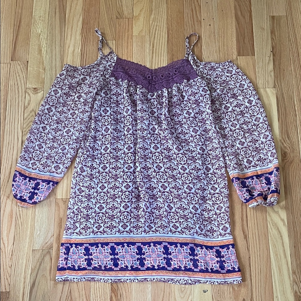Xhilaration Tunic Top Womens XS Purple Medallion Print Peasant Boho Festival